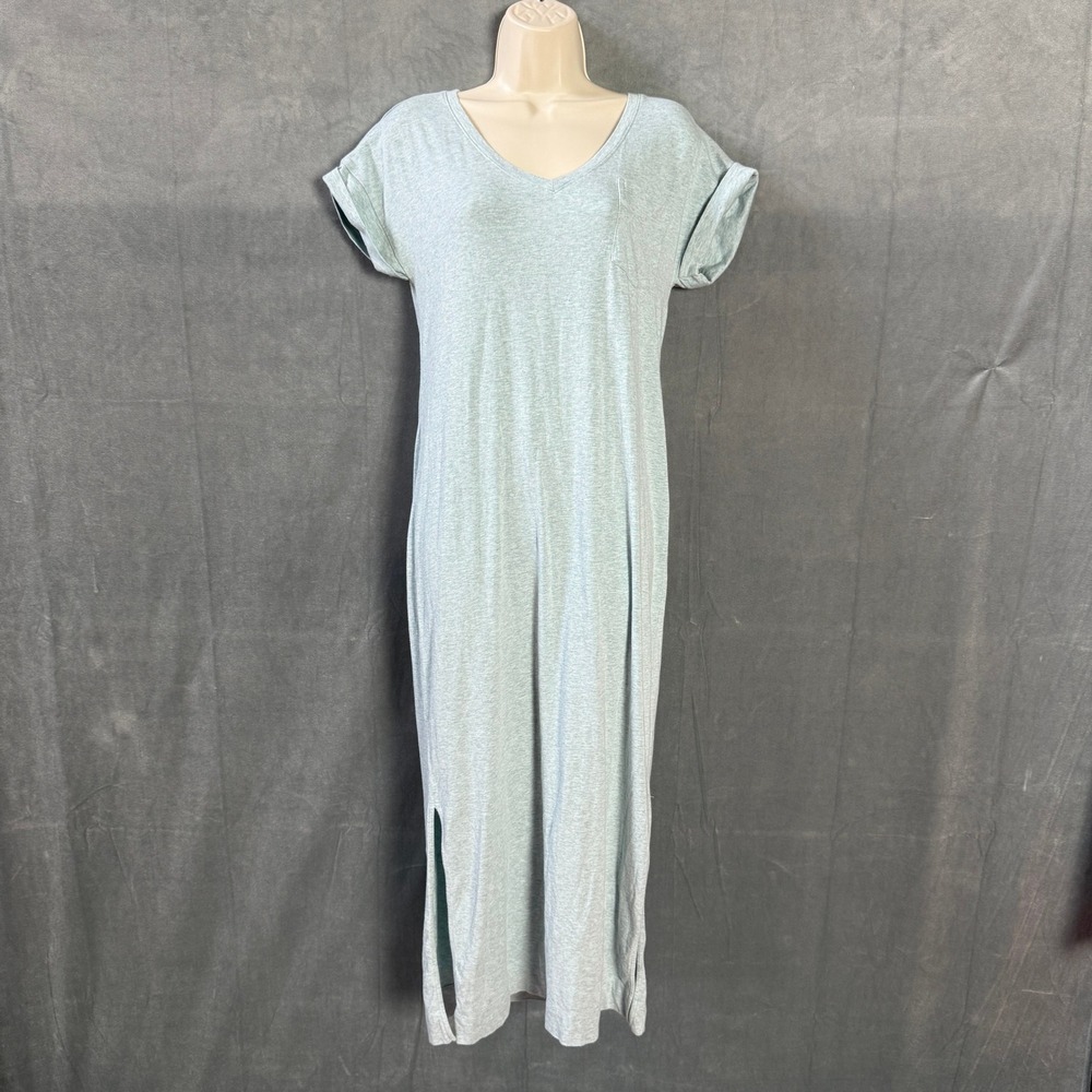 Peruvian Connection Sage Green V-Neck Maxi Dress XS Short Sleeve Side Slit